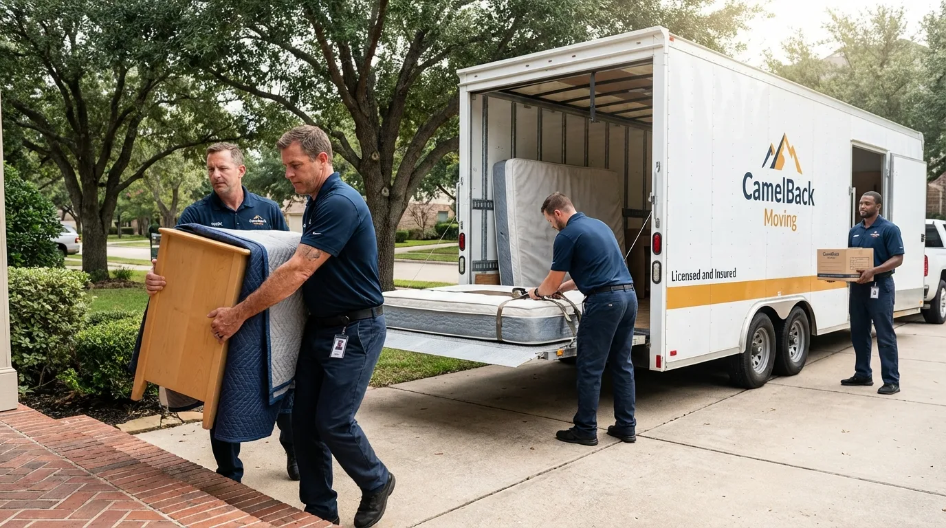 Crew loading residential truck for cross-state move from Hamilton, IL