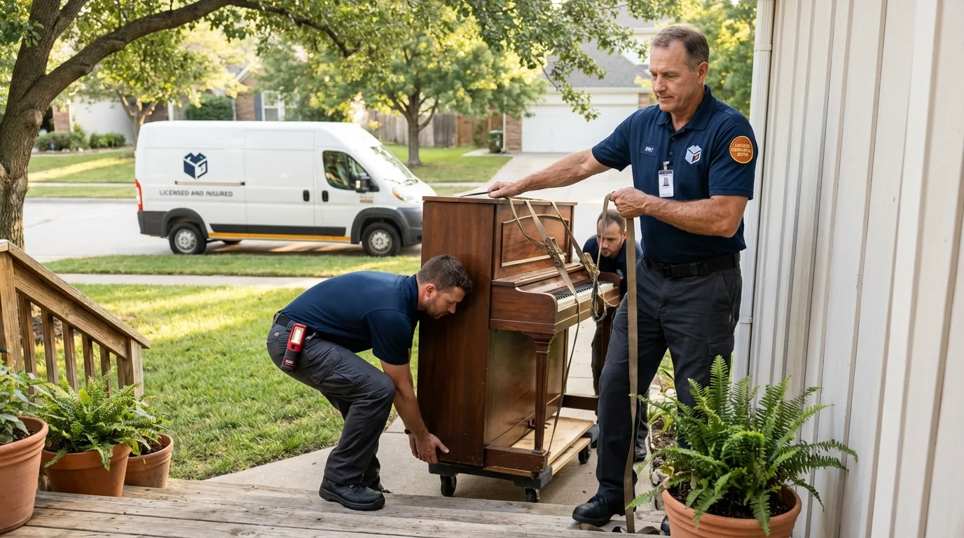 Licensed piano movers securing grand piano in Hamilton, IL