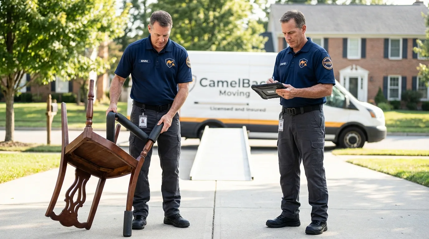 Movers inspecting furniture for damage prevention before loading in Hamilton, IL