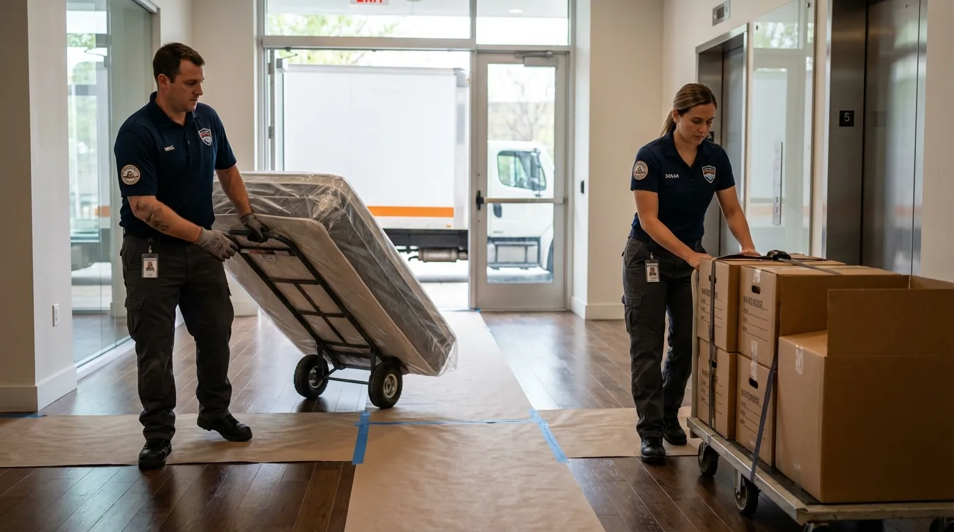 Professional apartment movers loading elevator in Hamilton, IL