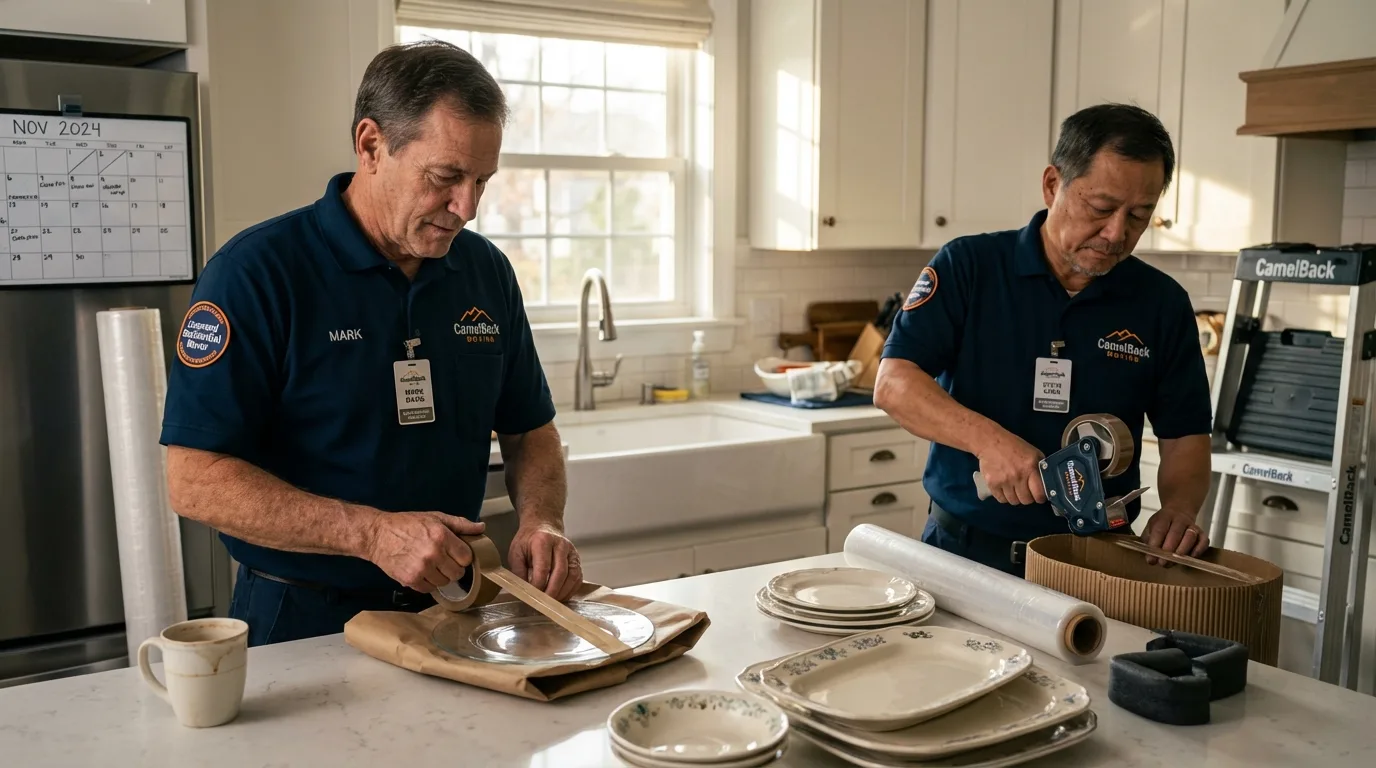 Professional crew packing kitchen dishware in Hamilton, IL